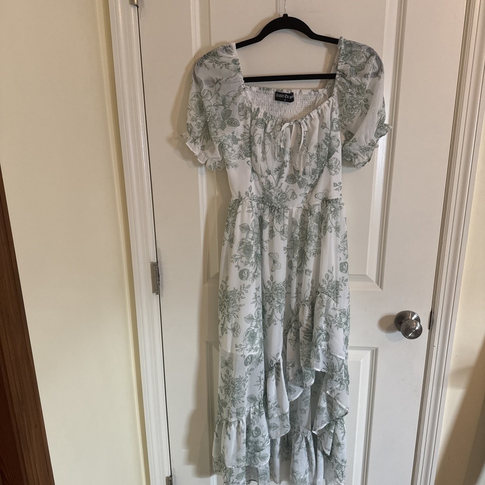 Scarlet Darkness Floral Toile Smocked Midi Dress Fairy Cottage Core Sz Small